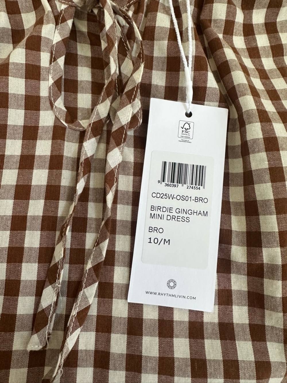 NWT Rhythm Brown Gingham Mini Dress - Picture 4 of 4